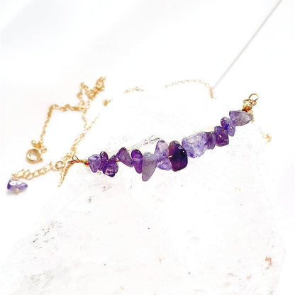 Amethyst Halskette, Goldene Amethyst Kette. lila Edelstein Halskette mit Amethyst Chipsreihe lila Amethyst Edelstein Halskette vergoldet elegante zierliche Halskette