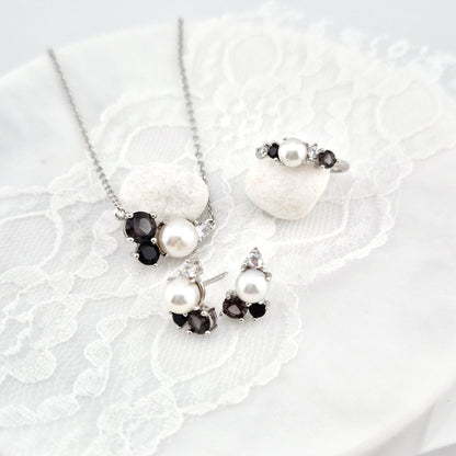 Perlen Schmuck Set, Pearl jewelry set, Perlen Schmuckset, Silber Schmuckset, Pearl Jewelry set, Perlen Ohrringe, Perlen Halskette, Perlen Ring, Perlenring, Pearl Ring, SIlber RIng, Silberring, Damenring, Pearl Ring - Perlen Ring mit schwarzem Spinell und grauem Nano Stein, Silber Ring Süsswasser Perlen Ring, fresh water pearl, Pearl necklace, Pearl Ping, Pearl earrings