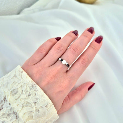 Perlen Ring, Perlenring, Pearl Ring, SIlber RIng, Silberring, Damenring, Pearl Ring - Perlen Ring mit schwarzem Spinell und grauem Nano Stein, Silber Ring Süsswasser Perlen Ring, fresh water pearl