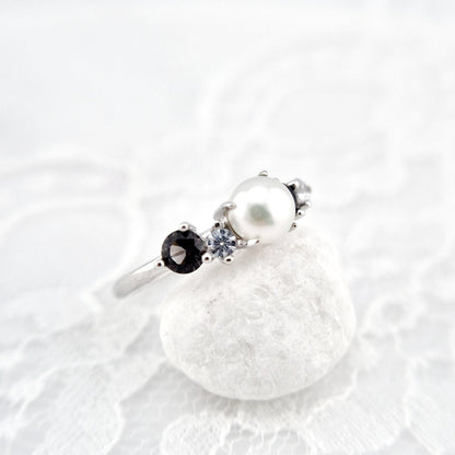 Perlen Ring, Perlenring, Pearl Ring, SIlber RIng, Silberring, Damenring, Pearl Ring - Perlen Ring mit schwarzem Spinell und grauem Nano Stein, Silber Ring Süsswasser Perlen Ring, fresh water pearl