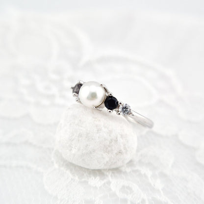 Perlen Ring, Perlenring, Pearl Ring, SIlber RIng, Silberring, Damenring, Pearl Ring - Perlen Ring mit schwarzem Spinell und grauem Nano Stein, Silber Ring Süsswasser Perlen Ring, fresh water pearl
