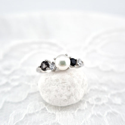 Perlen Schmuck Set, Pearl jewelry set, Perlen Schmuckset, Silber Schmuckset, Pearl Jewelry set, Perlen Ohrringe, Perlen Halskette, Perlen Ring, Perlenring, Pearl Ring, SIlber RIng, Silberring, Damenring, Pearl Ring - Perlen Ring mit schwarzem Spinell und grauem Nano Stein, Silber Ring Süsswasser Perlen Ring, fresh water pearl, Pearl necklace, Pearl Ping, Pearl earrings
