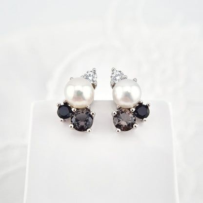Perlen Schmuck Set, Pearl jewelry set, Perlen Schmuckset, Silber Schmuckset, Pearl Jewelry set, Perlen Ohrringe, Perlen Halskette, Perlen Ring, Perlenring, Pearl Ring, SIlber RIng, Silberring, Damenring, Pearl Ring - Perlen Ring mit schwarzem Spinell und grauem Nano Stein, Silber Ring Süsswasser Perlen Ring, fresh water pearl, Pearl necklace, Pearl Ping, Pearl earrings