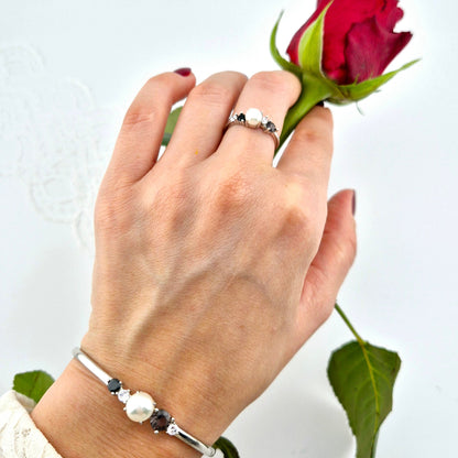 Perlen Ring, Perlenring, Pearl Ring, SIlber RIng, Silberring, Damenring, Pearl Ring - Perlen Ring mit schwarzem Spinell und grauem Nano Stein, Silber Ring Süsswasser Perlen Ring, fresh water pearl, Perlen Armreif, Silber Armreif
